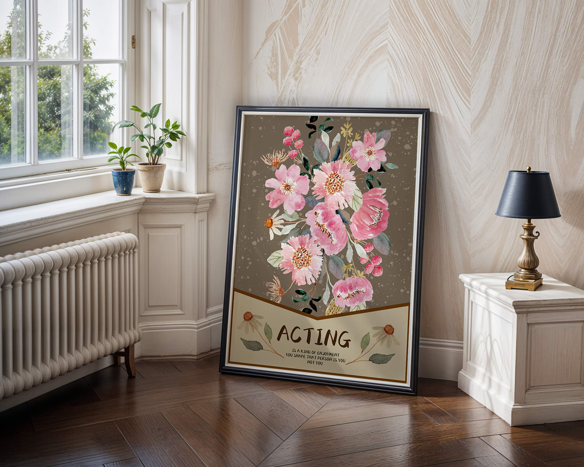 Floral watercolor illustration with motivational text on a brown dotted background