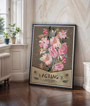 Ilustración acuarela floral con texto motivacional sobre un fondo marrón punteado