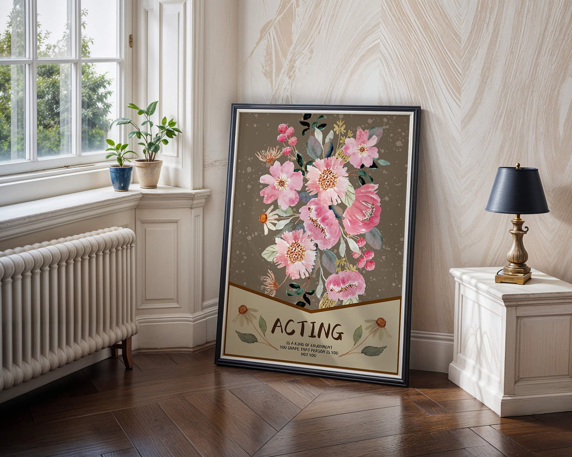 Floral watercolor illustration with motivational text on a brown dotted background