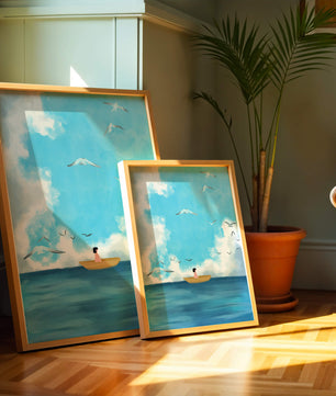 Peaceful seascape illustration with a boat and birds