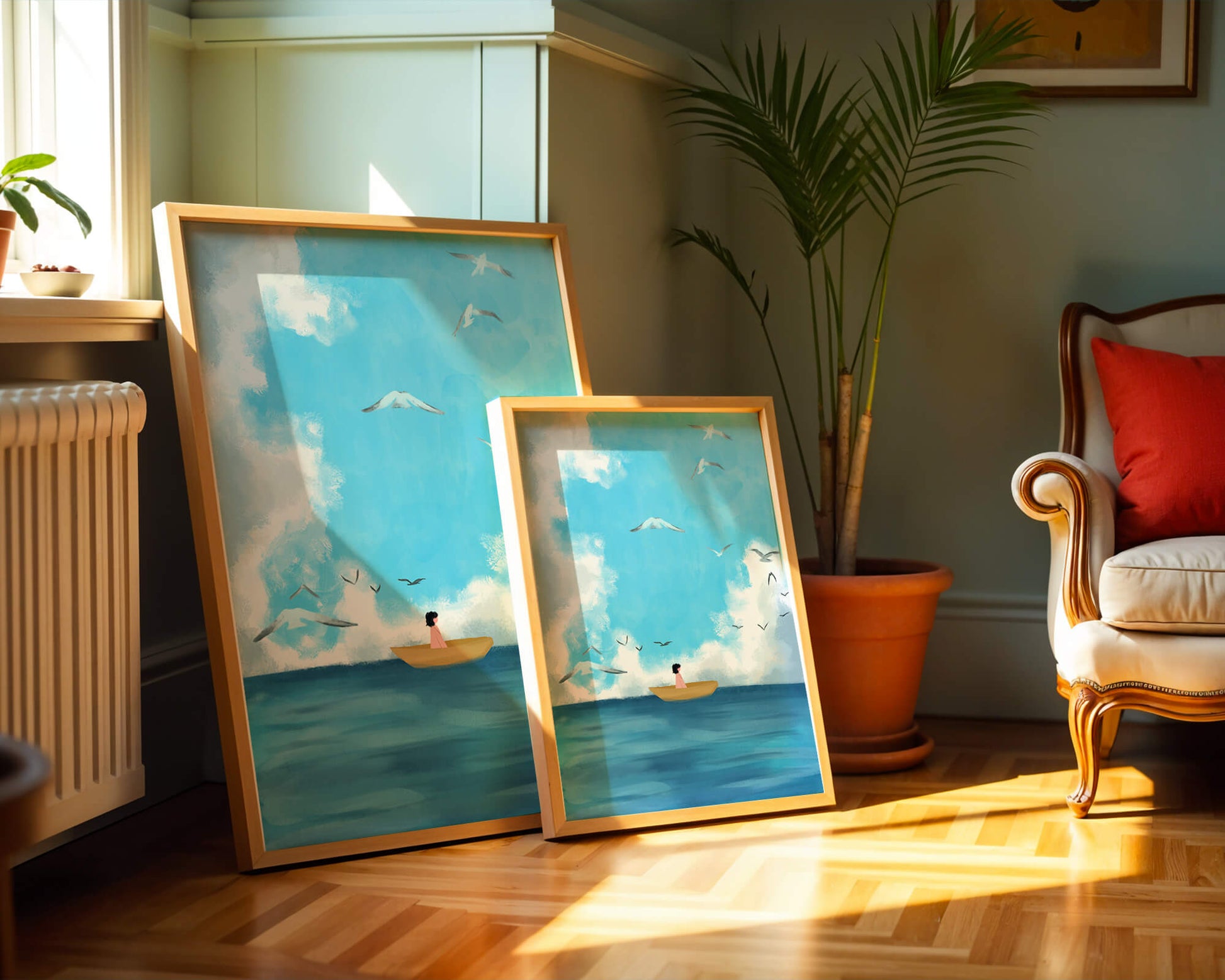 Peaceful seascape illustration with a boat and birds