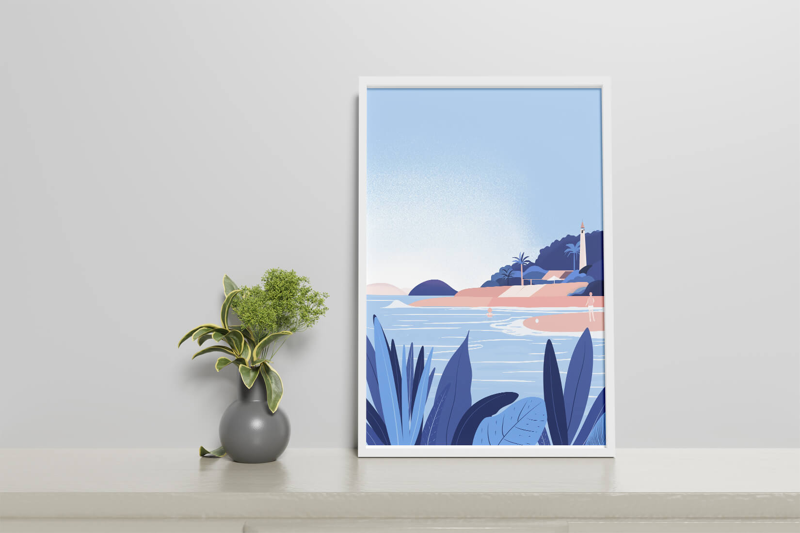 Serene seaside scene with lighthouse and tropical foliage