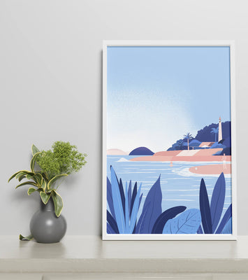 Serene seaside scene with lighthouse and tropical foliage