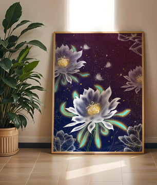 Floral Fantasy with Glowing Elements and Butterflies in Night Sky