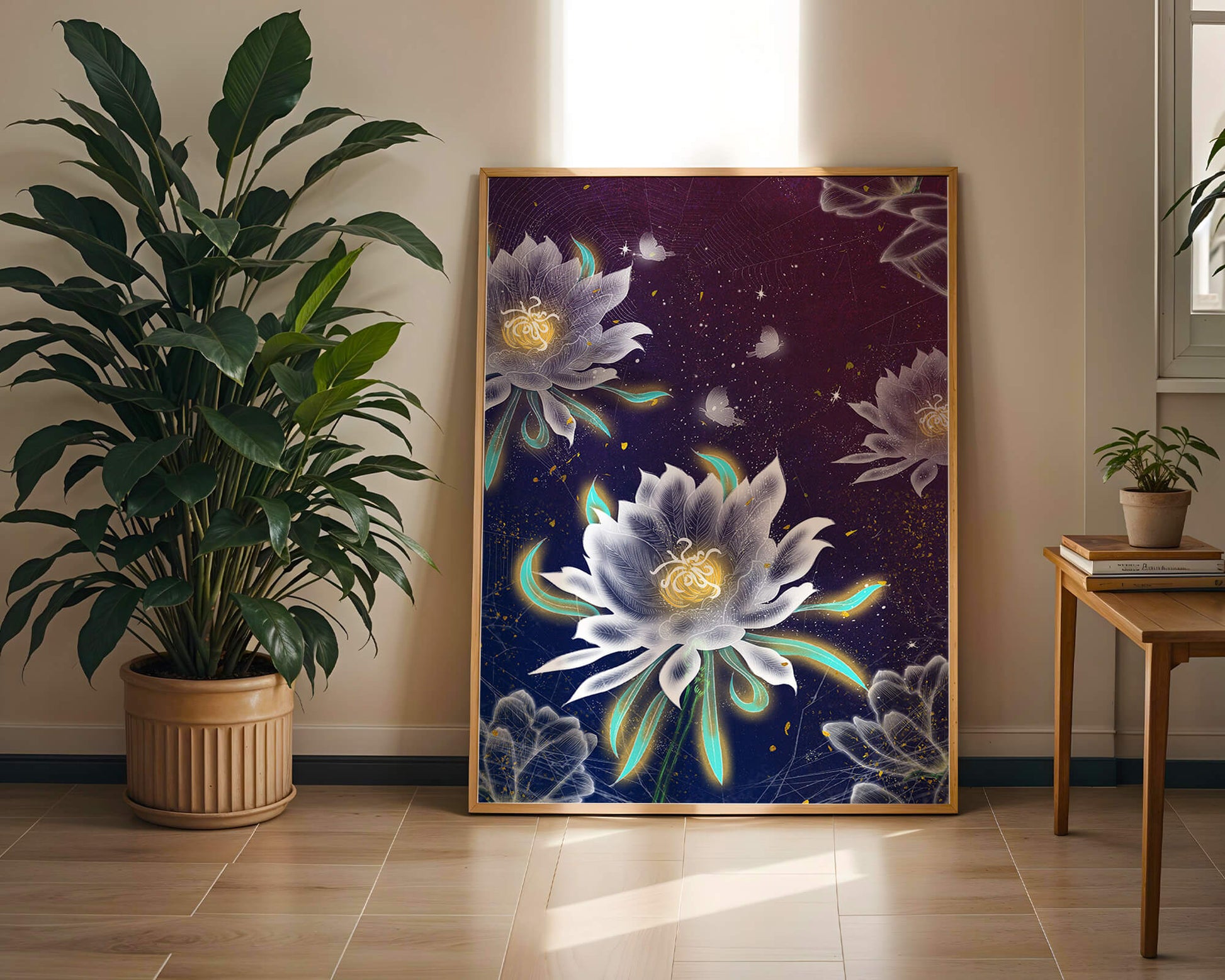Floral Fantasy with Glowing Elements and Butterflies in Night Sky