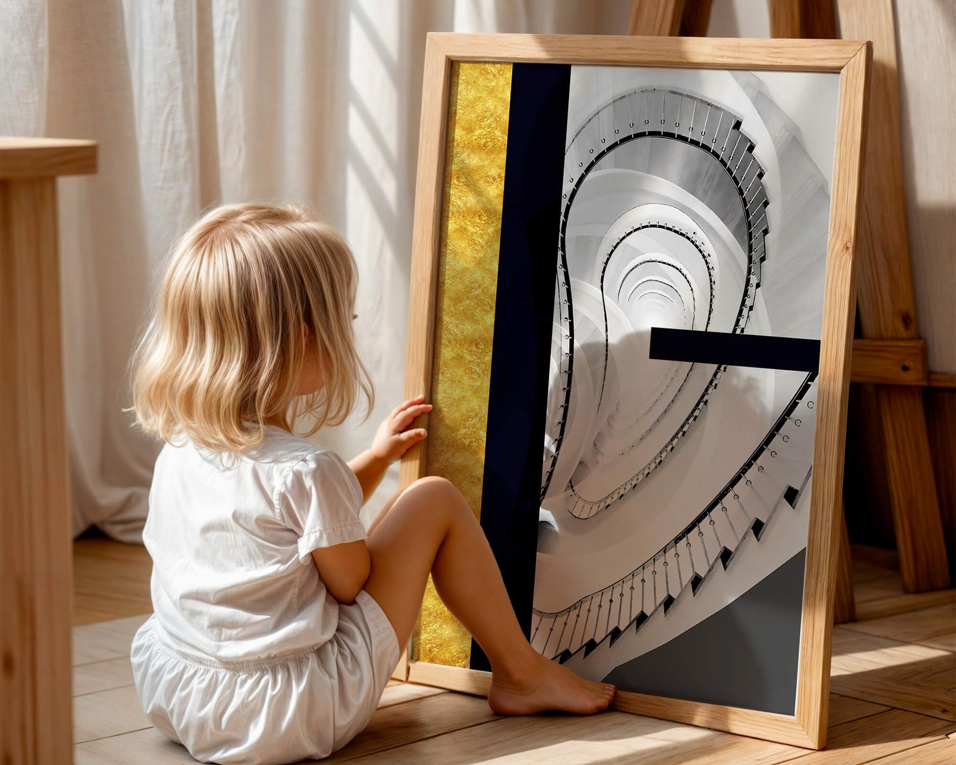 Abstract spiral staircase with a gold accent design