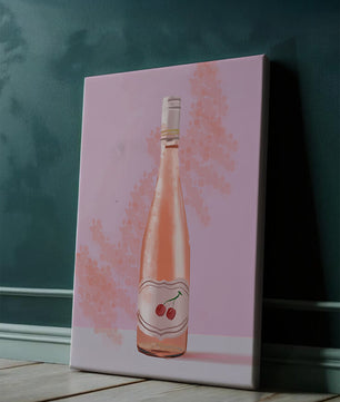 Illustrated wine bottle with a cherry label on pink background