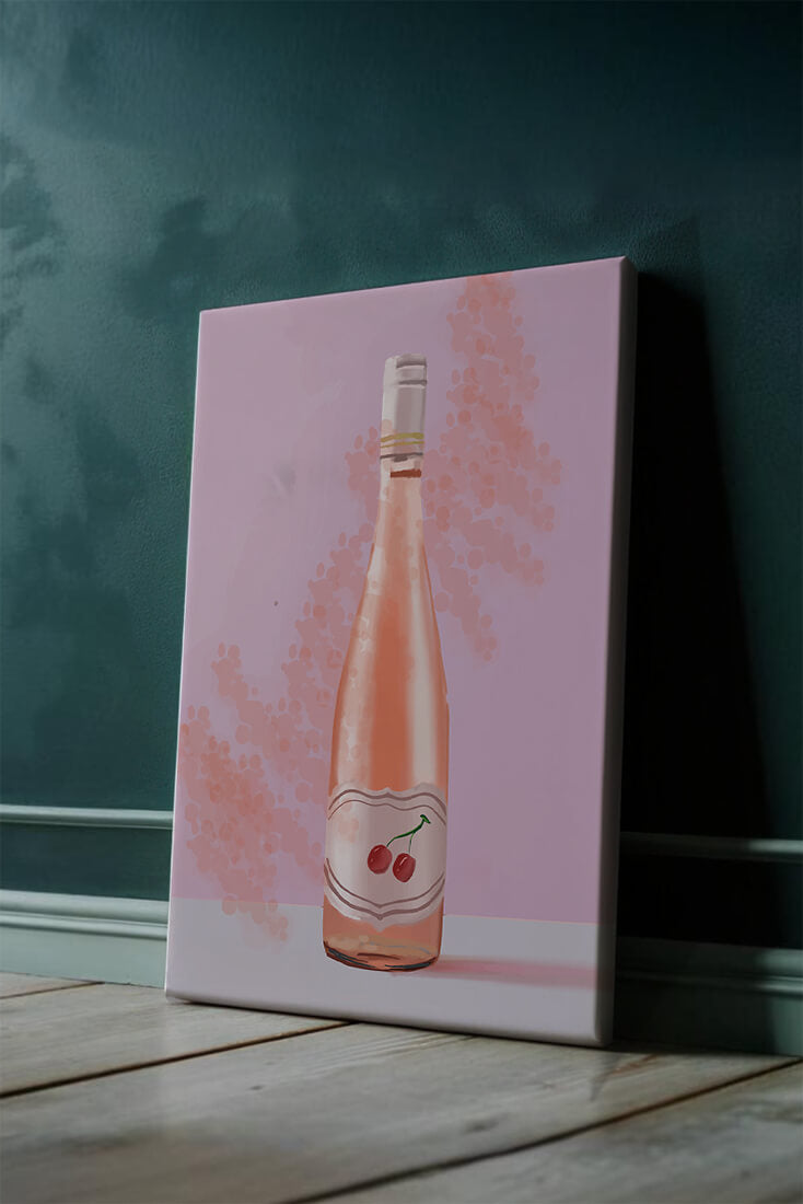 Illustrated wine bottle with a cherry label on pink background