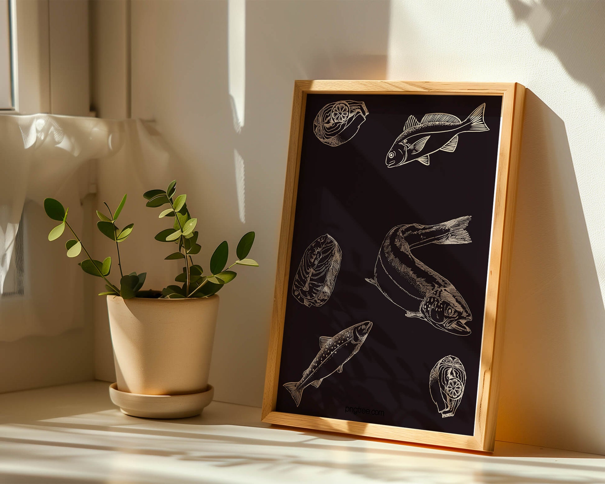 Detailed illustration of fish and seafood elements on dark background