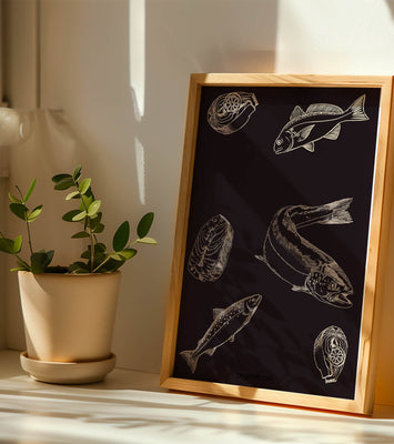 Detailed illustration of fish and seafood elements on dark background