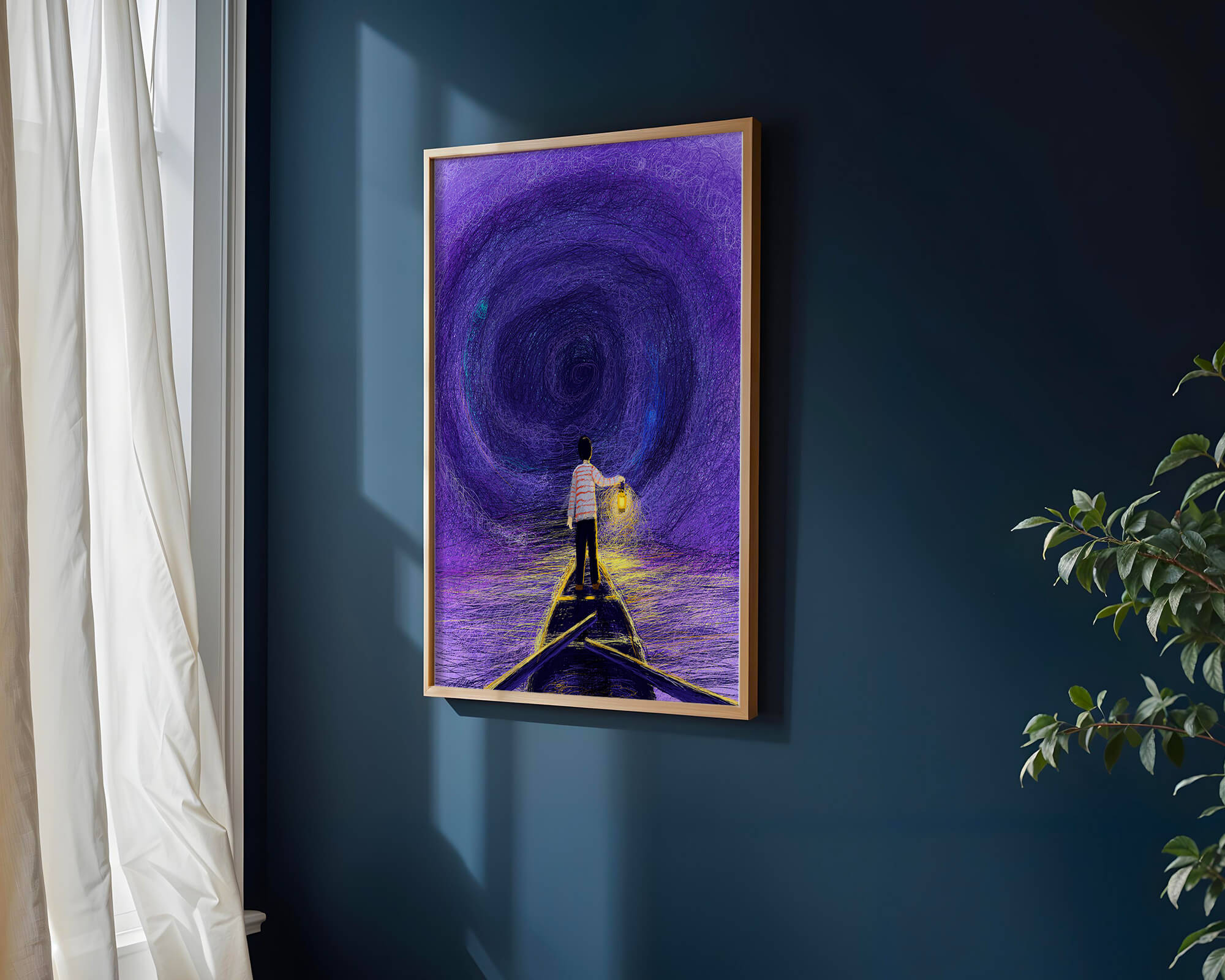A boy holding a lantern on a boat in a swirling purple vortex
