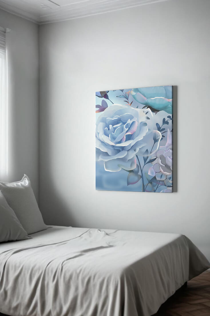 Rosas azules serenas con hojas delicadas sobre fondo suave