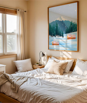 Winter Mountain Landscape with Snowy Cabins and Forest - Mi tienda