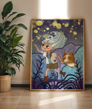 Whimsical Adventure in a Magical Night Sky Landscape