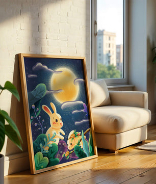 Charming illustration of rabbits under a full moon in a vibrant night garden