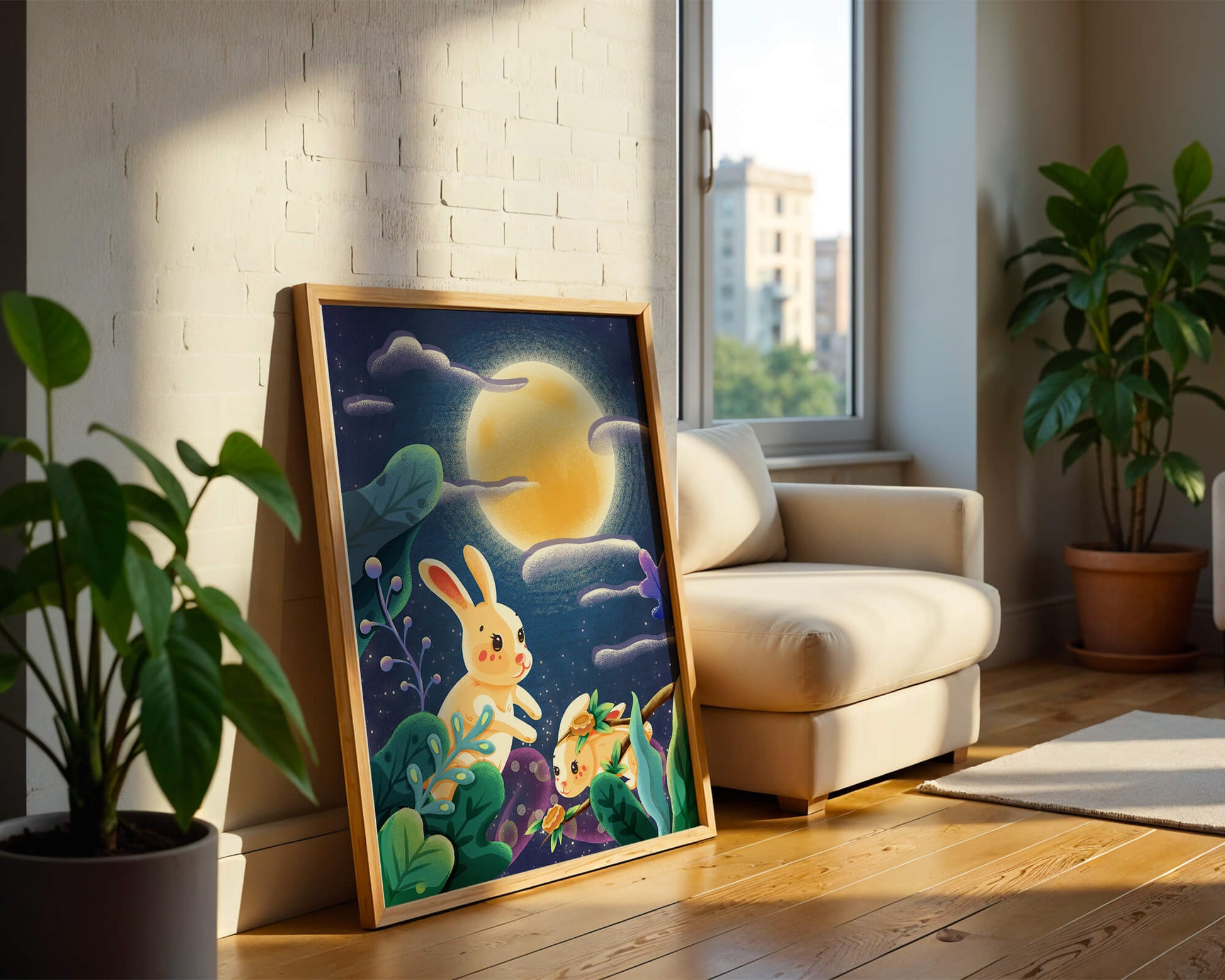 Charming illustration of rabbits under a full moon in a vibrant night garden