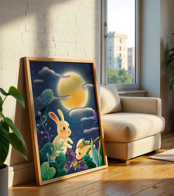 Charming illustration of rabbits under a full moon in a vibrant night garden
