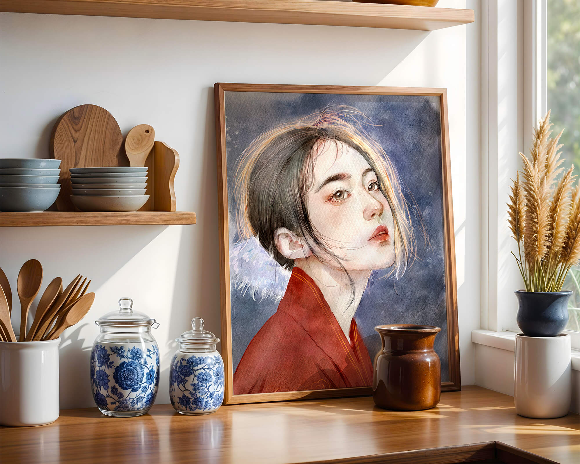 Watercolor portrait of a woman in a red garment with expressive features