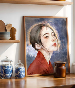 Watercolor portrait of a woman in a red garment with expressive features