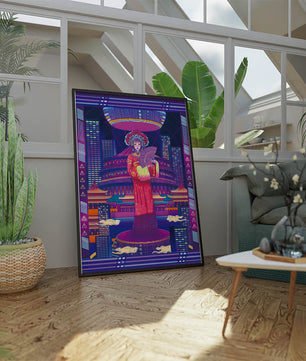 Futuristic Asian Inspired Artwork with Neon Colors and Geisha in Traditional Attire
