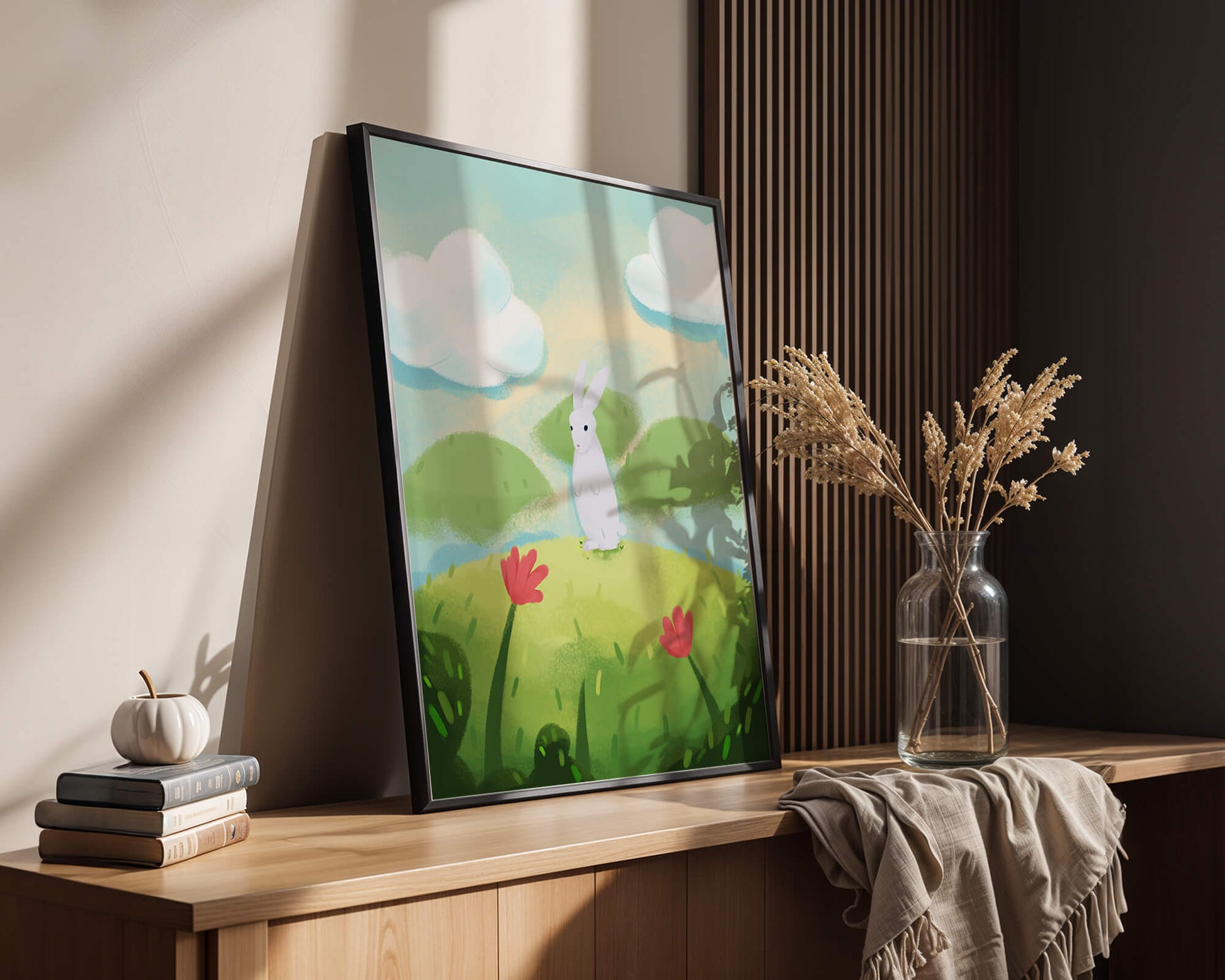 Whimsical landscape with rabbit and colorful flowers