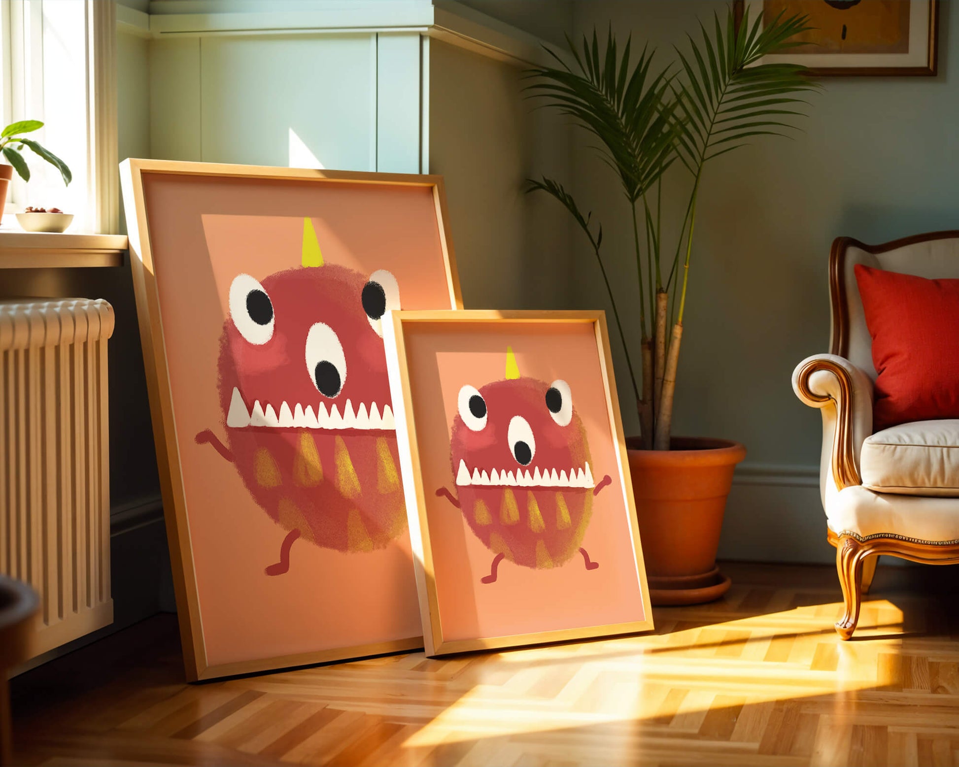 Monstruo colorido con rasgos geométricos y expresión lúdica.