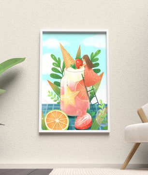 Bezaubernde Sommergetränk-Illustration mit Früchten, Blättern und einem Kind