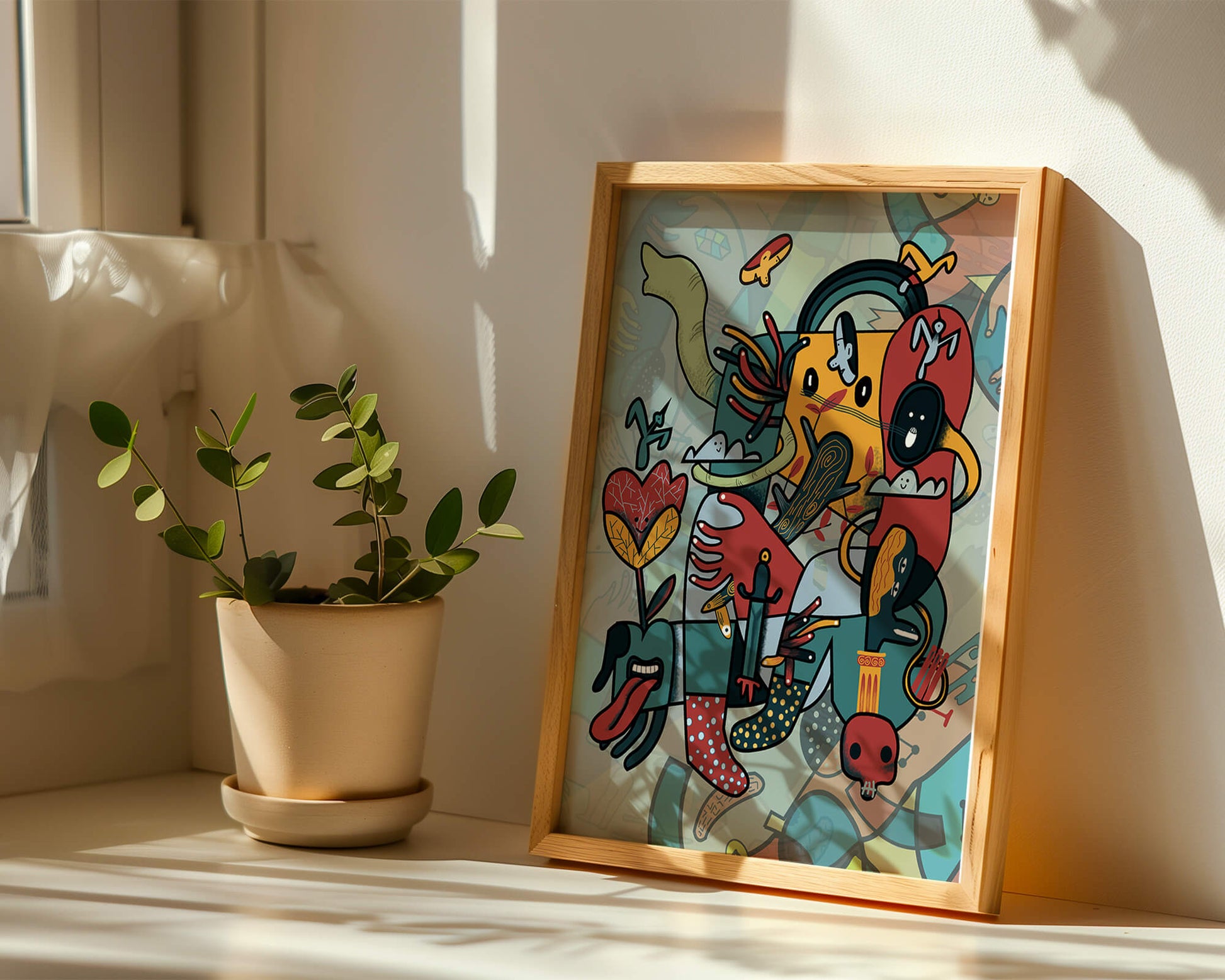 Composición artística surrealista abstracta con colores vibrantes