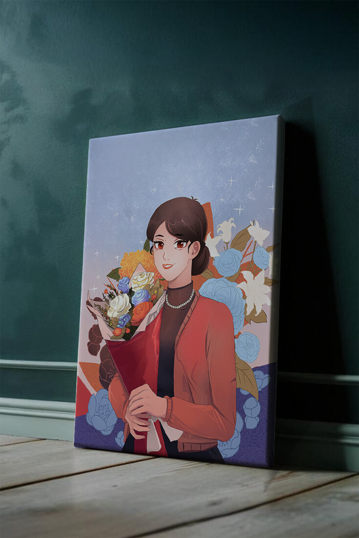 Woman holding bouquet with floral background