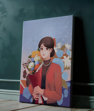 Mujer sosteniendo ramo con fondo floral