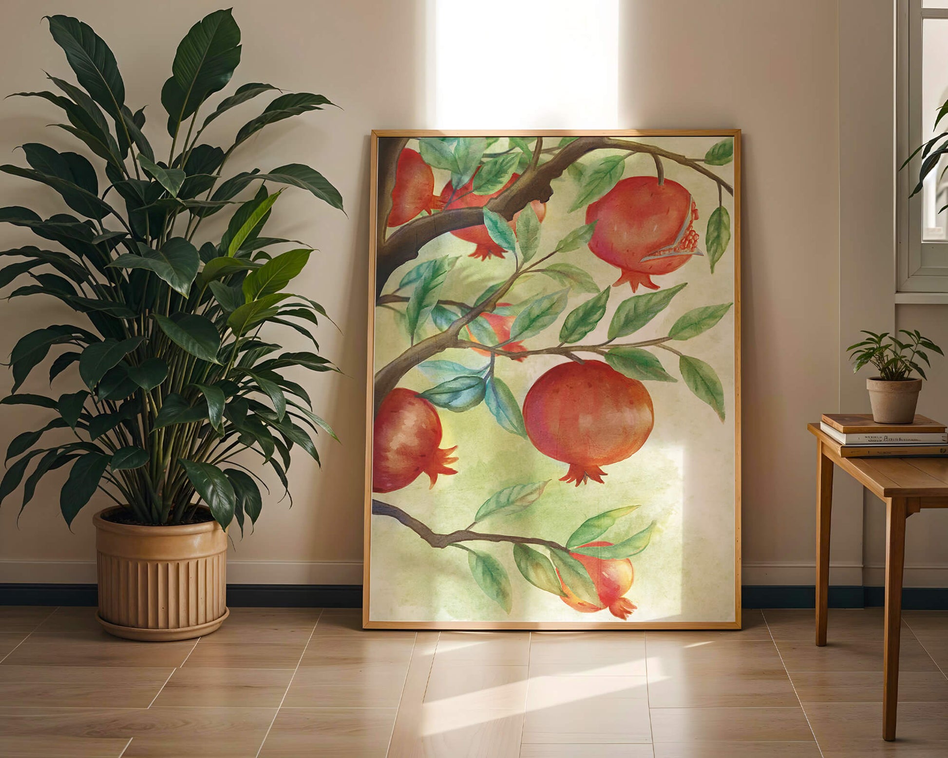 Watercolor Pomegranate Tree Branch with Fruits and Leaves