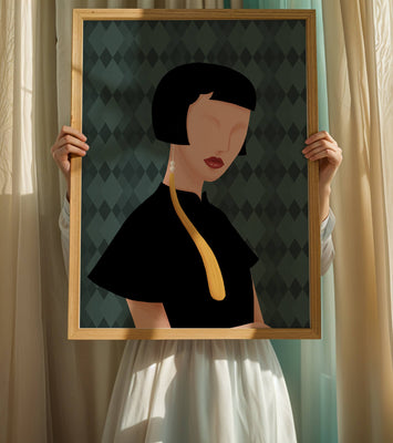 Elegant woman with short hair and golden earring on patterned background