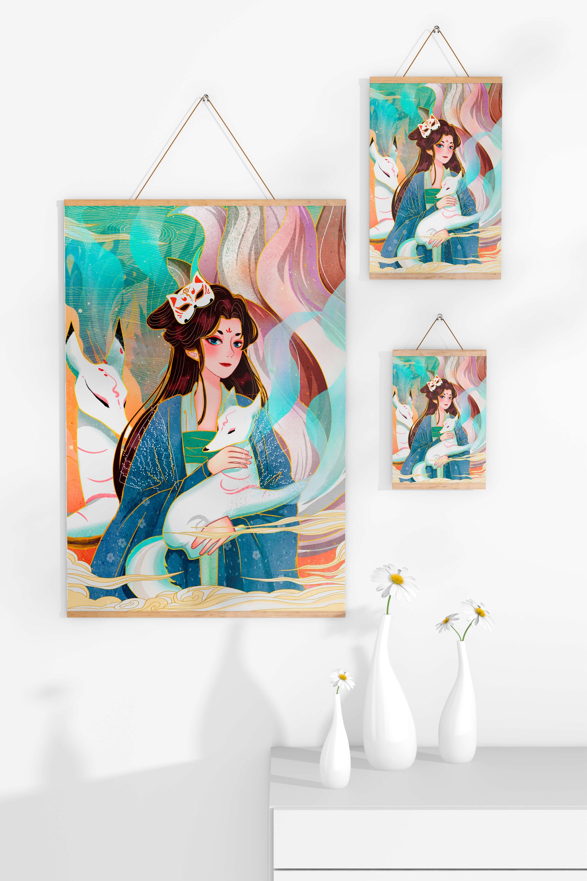 Woman with foxes in a mystical fantasy scene
