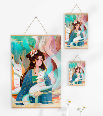 Woman with foxes in a mystical fantasy scene