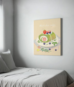 Illustration of a Matcha Roll Cake with Fresh Berries on Pastel Background - Mi tienda