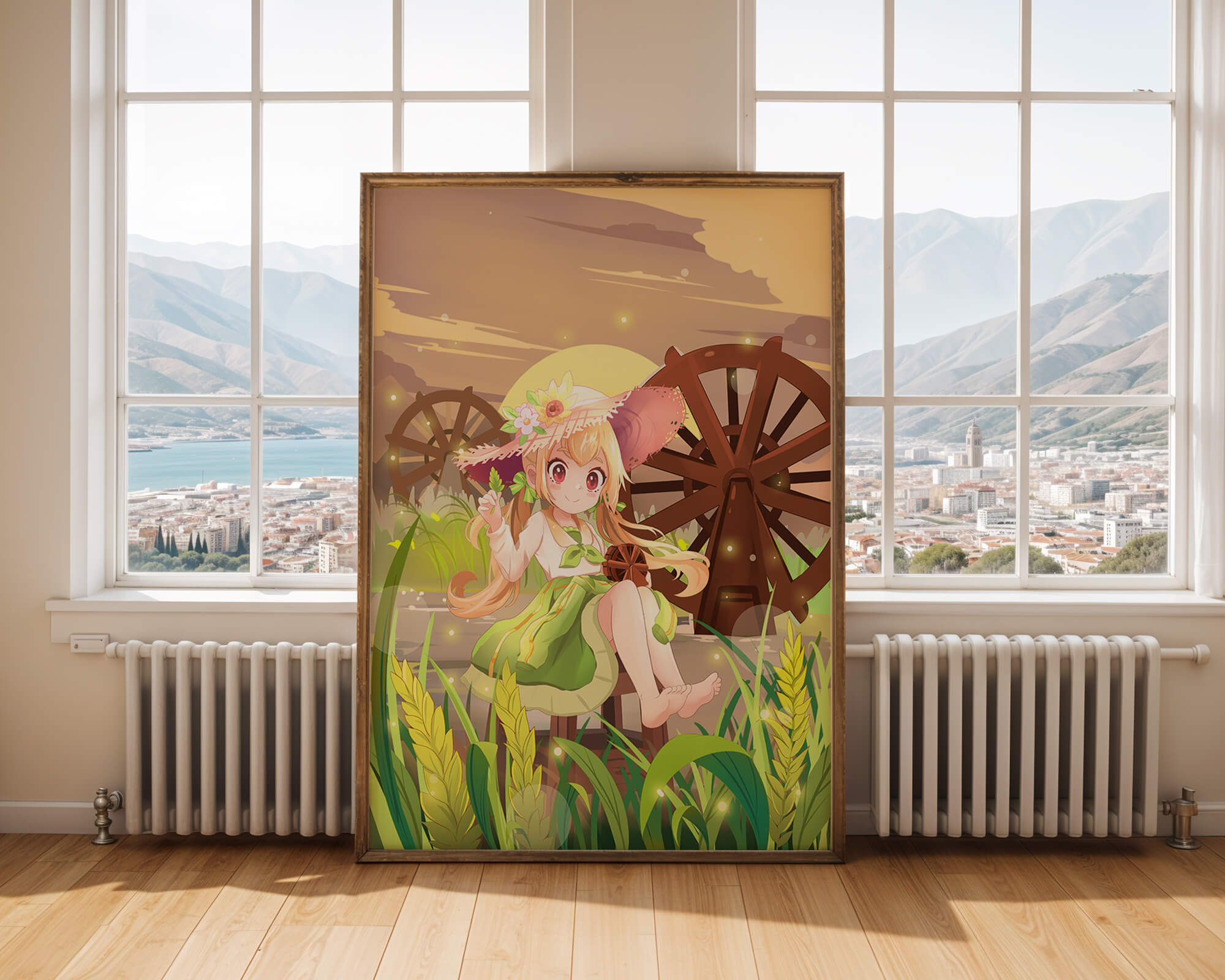 Enchanted countryside scene with a cute character and vibrant nature