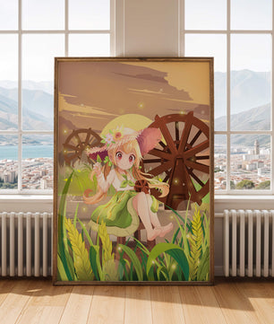 Enchanted countryside scene with a cute character and vibrant nature