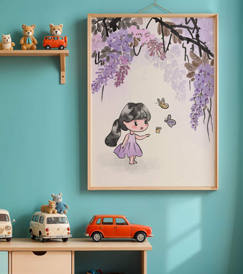 Charming illustration of a little girl with butterflies and wisteria flowers