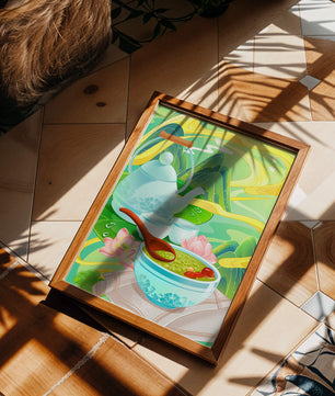 Tea ceremony with teapot and tea bowls amidst nature scenery