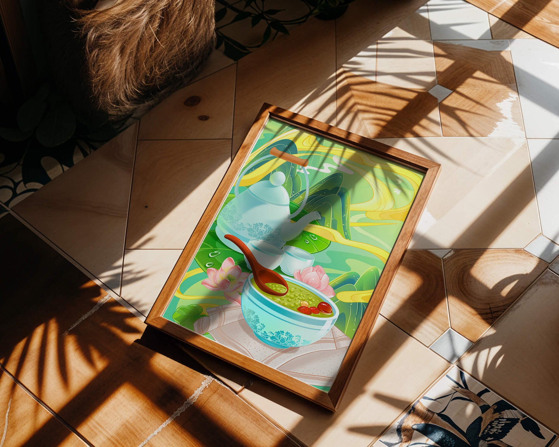 Ceremonia del té con tetera y cuencos de té en medio de un paisaje natural.