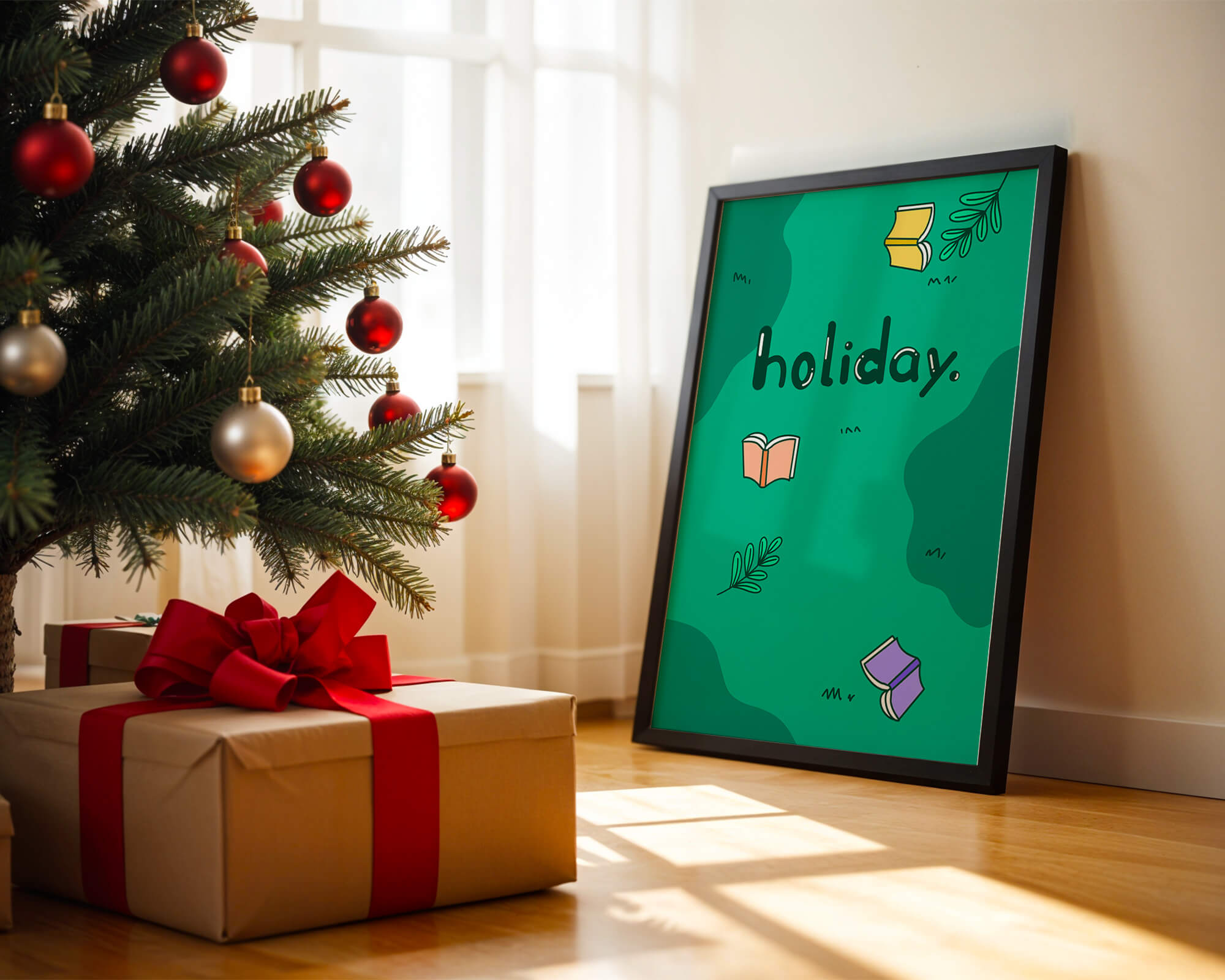Colorful holiday-themed design with books and leaves