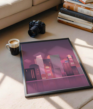 Modern Abstract Cityscape at Sunset with Reflective Water - Mi tienda