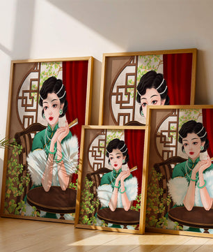 Elegant Woman in Traditional Asian Attire with Floral Background