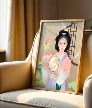 Elegant traditional Asian woman in pastel attire with floral background