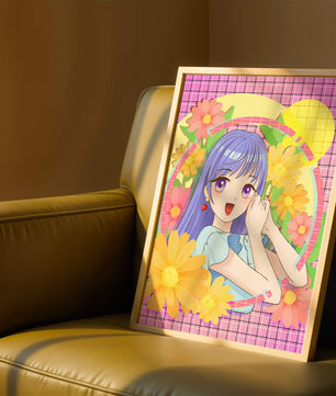 Anime-Mädchen mit leuchtenden Blumen und lila Haaren auf buntem Hintergrund