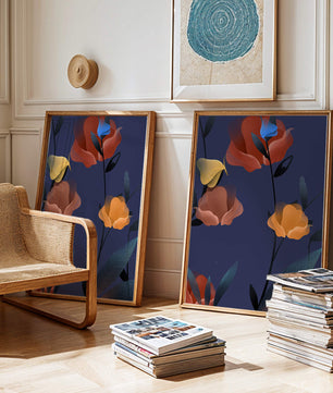 Abstract Floral Illustration with Colorful Flowers on Dark Background