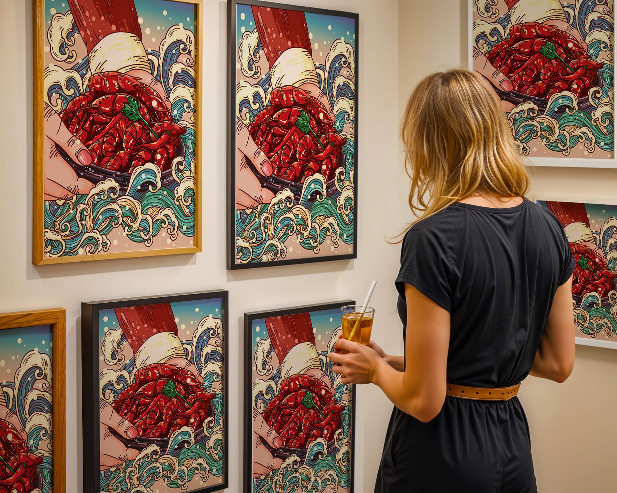 Colorful Cartoon Illustration of Hand Holding Crawfish Over Decorative Waves