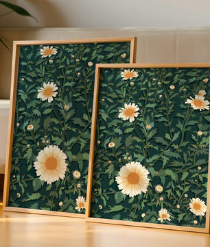 Floral pattern with daisies on a dark green background