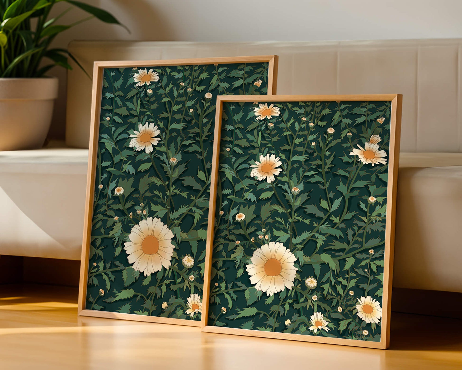 Floral pattern with daisies on a dark green background