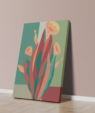 Abstract floral illustration with bold colors and geometric background